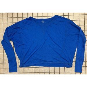 Athleta Heathered Blue Twill Crop Top Long Sleeves Thumbholes Size Small